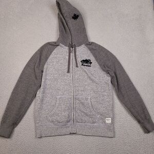 Roots Canada Hoodie Jacket Mens Small Gray Full Zip Sweatshirt Maple Leaf Raglan